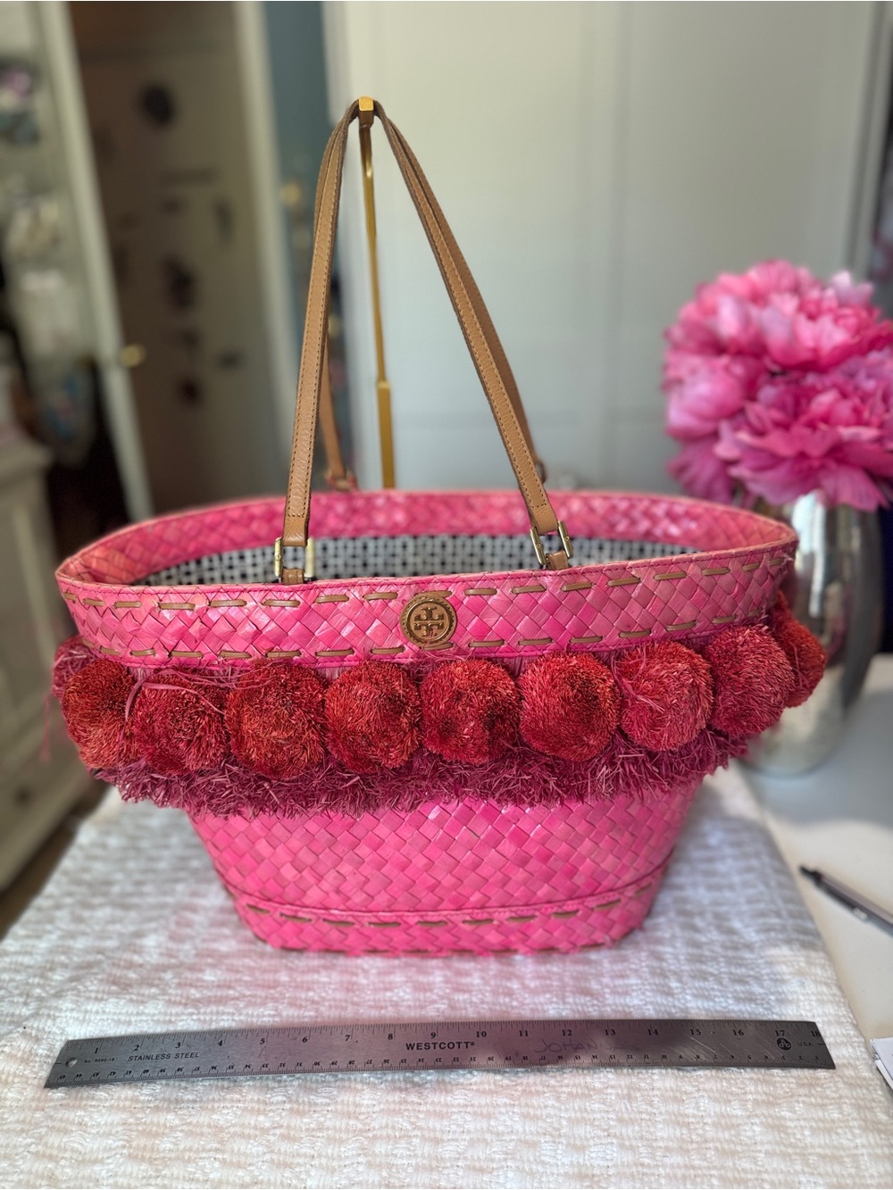 Tory Burch Pink Straw Tote with Red Pom-Pom Trim raffia